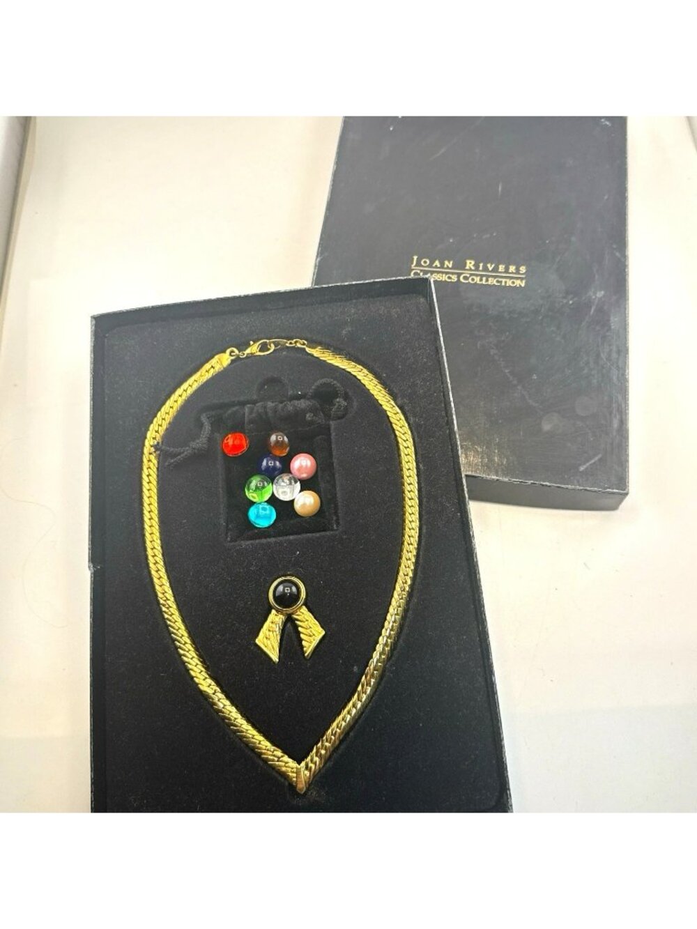 Joan Rivers Necklace Omega Interchangeable Set 9 Colors Gold Tone Cabochon Box